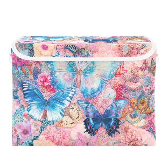 Lue Butterflies and Floral Large Storage Bins with Linen Collapsible Lid Storage Box 16.7 x 12.6 x 11.8in