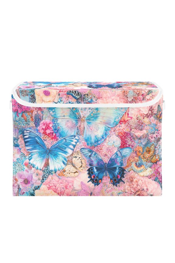 Lue Butterflies and Floral Large Storage Bins with Linen Collapsible Lid Storage Box 16.7 x 12.6 x 11.8in