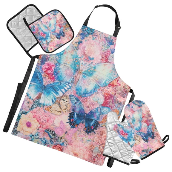 Lue Butterflies and Floral Oven Mitts and Pot Holders with Chef Apron Set 5 Pcs Kitchen Cooking Set