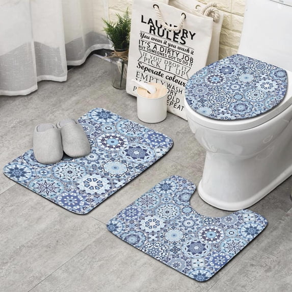 Lue Ethnic Geometric Pattern Bathroom Rugs Sets 3 Piece,Toilet Cover Set,Absorbent Non Slip Bathroom Mats Sets with U-Shaped Contour Rug Toilet Rug Set
