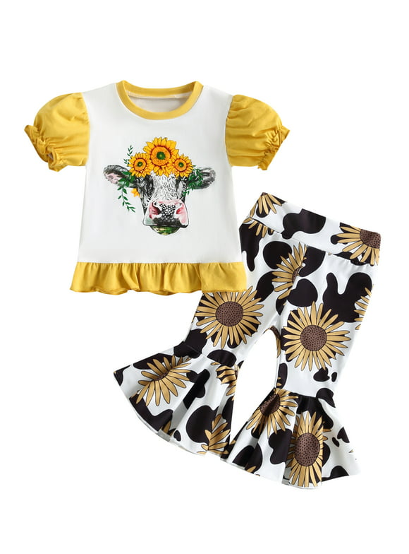 Luethbiezx Fashionable Baby Girls Summer Outfits with Cow Head and Sunflower Print