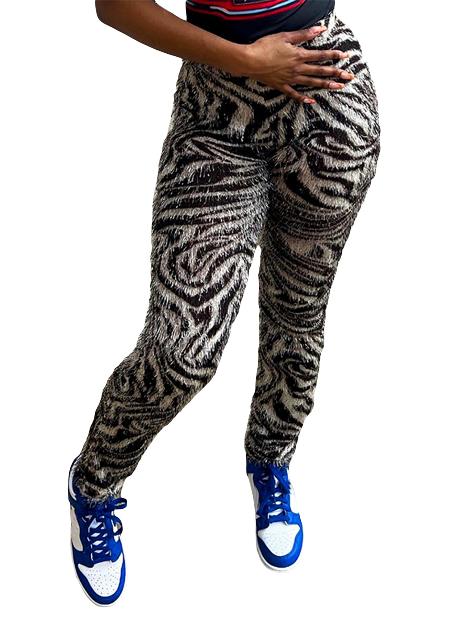 Luethbiezx Fashionable Women's Zebra Print Mid-Rise Pants with Fuzzy  Leggings, Streetwear Style 
