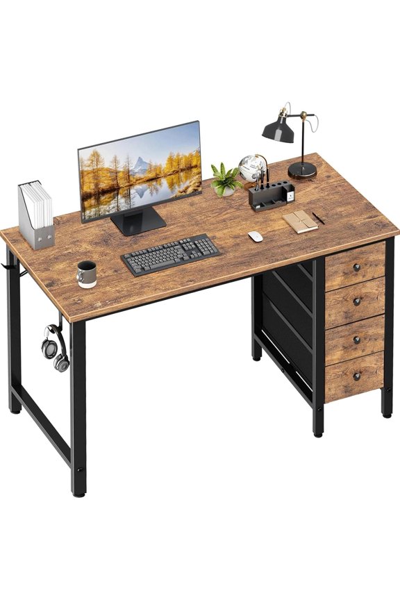 40 inch Computer Desk with 4 Fabric Drawers, Student Reversible Small Desks for Home Office Small Space, Work PC Desk Table for Bedroom, Rustic Brown
