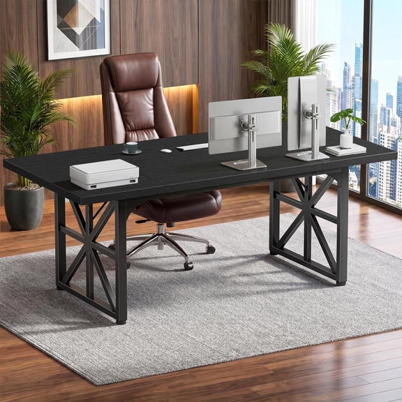Lufeiya 71" Executive Desk, Large Computer Table for Home Office, Black | Large Industrial Computer Desk with Heavy Duty X Metal Legs Roomy Workstation Boardroom Conference Table