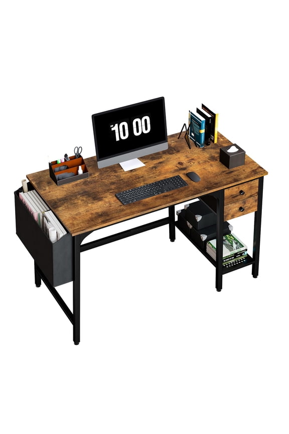 Computer Desk with Drawers - 40 Inch Work Small Desk for Bedroom Home Office, Simple Study Writing Table PC Desks with Drawer Storage Shelves, Rustic Brown