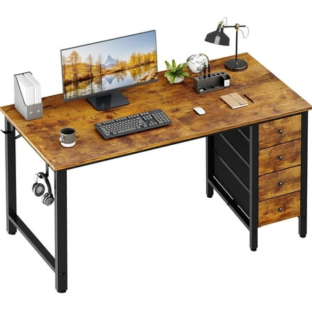 Lufeiya Computer Desk with Fabric Drawers - 55 Inch Long Study Work Writing Desk for Home Office Bedroom, Simple Modern Cute PC Desks with Drawer, Rustic Brown
