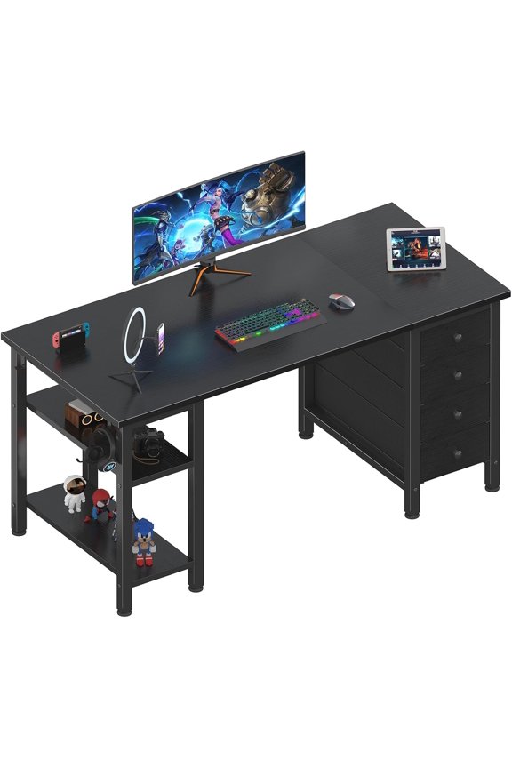 Gaming Desk with 4 Fabric Drawers & Storage Shelves, 47 inch Computer Writing Work Study Desk for Home Office Bedroom, Modern Simple Student PC Desks Table, Black