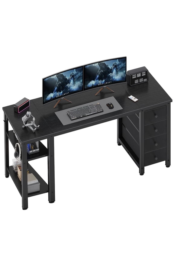 Gaming Desk with 4 Fabric Drawers & Storage Shelves, 55 inch Computer Writing Work Study Desk for Home Office Bedroom, Modern Simple Student PC Desks Table, Black