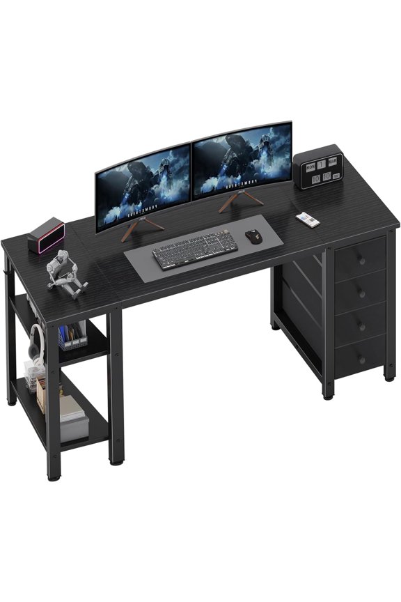 Lufeiya Gaming Desk with 4 Fabric Drawers & Storage Shelves, 55 inch Computer Writing Work Study Desk for Home Office Bedroom, Modern Simple Student PC Desks Table, Black