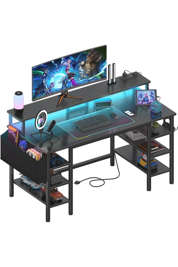 Gaming Desk with LED Lights and Storage Shelves, 47 inch Computer Desk with Power Outlets, Home Office Desk with Monitor Stand, Writing Table PC Desks, Black
