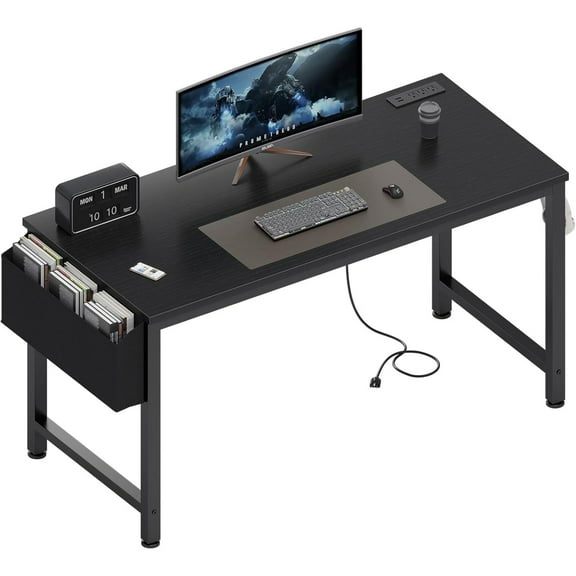 JEZWX Gaming Desk with Power Outlet and Charging Station, 47 Inch Teen Study Table, Home Office Writing Computer Desk, Black