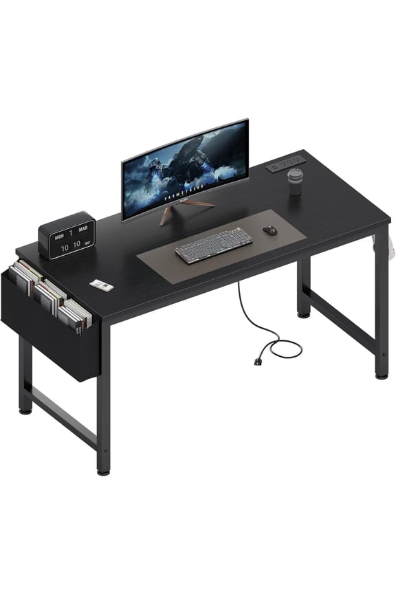 Gaming Desk with Power Outlet and Charging Station, 47 Inch Teen Study Table, Home Office Writing Computer Desk, Black