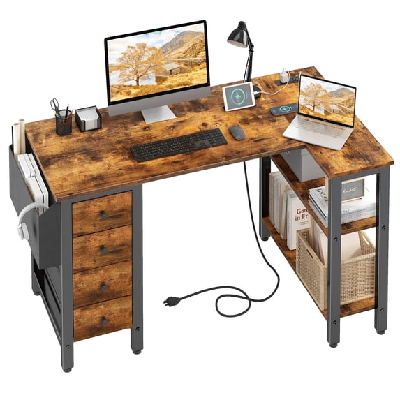 Lufeiya 47 Inch L Shaped Computer Desk with Drawers, Storage Shelves and Power Outlet - corner desk for small space