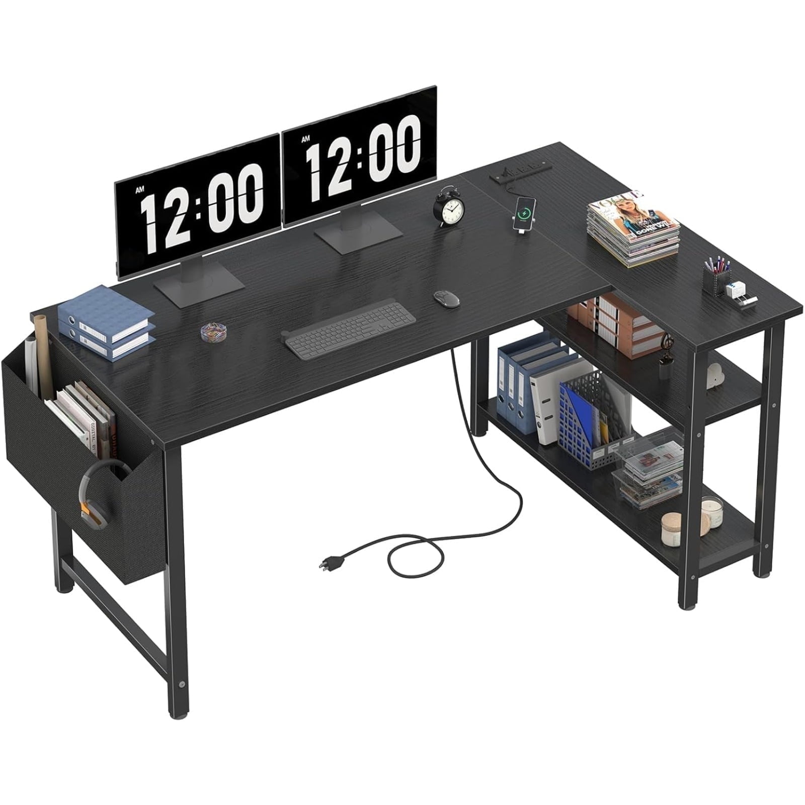 JEZWX 47 Inch L-Shaped Computer Desk with Power Outlet and Storage Shelves, Corner Desk for Home Office Bedroom, Study Writing PC Desk, Black