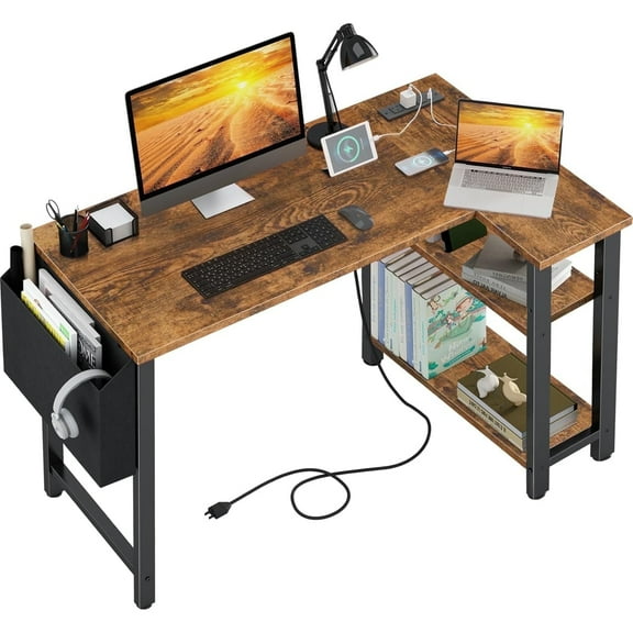 Lufeiya Small L Shaped Desk with Power Outlet Shelves, 40 Inch Reversible Corner Desk for Small Space Home Office, L-Shaped Computer Desk PC Desks with Charging Station, Rustic Brown