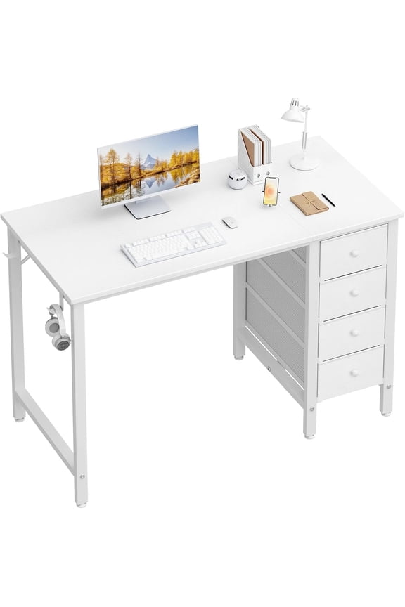 Small White Desk with Drawers for Bedroom, 40 Inch  Girls Study Desks, Reversible Computer Writing Nail Table with Fabric Drawer for Small Spaces Home Office Manicure