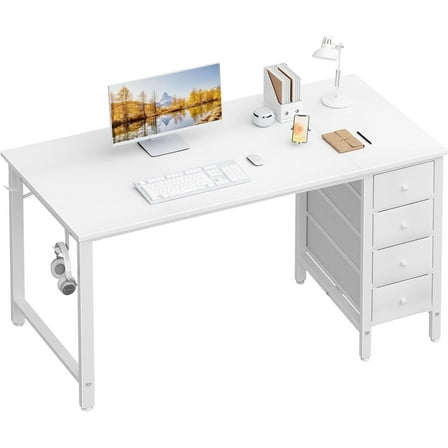 Lufeiya White Computer Desk with Drawers - 55 Inch Long Study Work Writing Desk for Home Office Bedroom, Simple Modern Cute PC Desks with Fabric Drawer, White