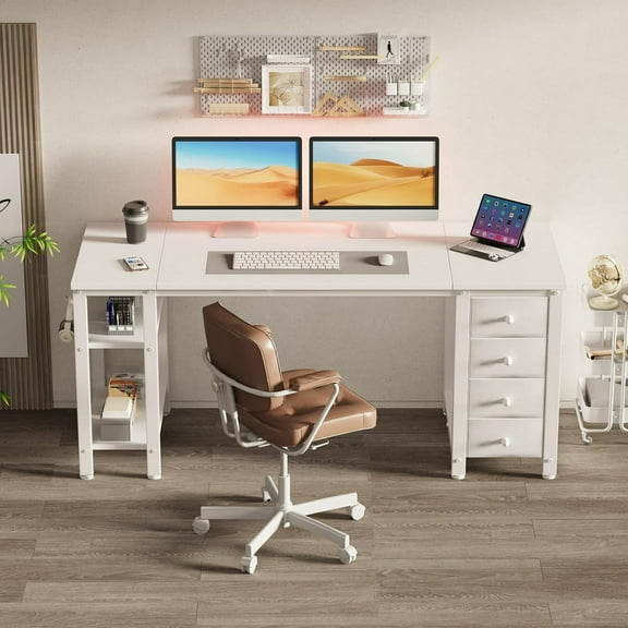 JEZWX White Computer Desk with Fabric Drawers and Storage Shelves, 55 Inch Study Work Writing Desk for Home Office Bedroom, White