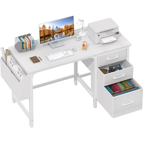 Lufeiya White Computer Desk with Fabric File Drawers Cabinet, 47 Inch Home Office Desks with Filing Cabinet for Small Space, Modern Writing Table PC Desks, White