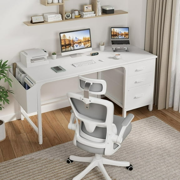JEZWX White Computer Desk with Fabric File Drawers Cabinet, 55 Inch Reversible Desk with Storage Filing Cabinet, Modern Writing PC Desk for Home Office Bedroom
