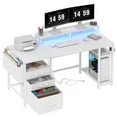 thumbnail image 1 of Lufeiya White Computer Desk with File Drawers Cabinet, 55 Inch Home Office Desk with Monitor Stand Shelves, Writing Study Gaming Desks with Led Lights and Power Outlets for Bedroom, White, 1 of 5