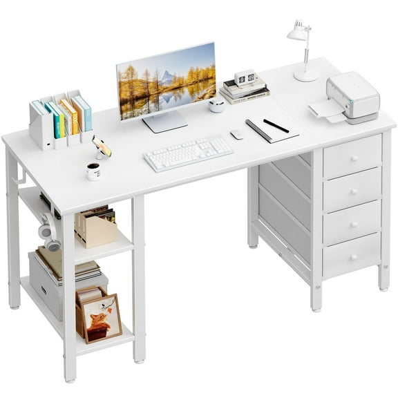 Lufeiya White Desk with Drawers & Storage Shelves, 47 Inch Study Work Writing Desk for Home Office Bedroom, Simple Modern Cute PC Computer Desks Table, White