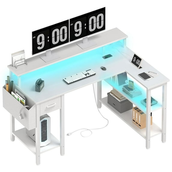 Lufeiya White L Shaped Gaming Desk with Fabric Drawers and Storage Shelves, 47 inch Home Office Desk with Monitor Stand, LED Lights and Power Outlets, White