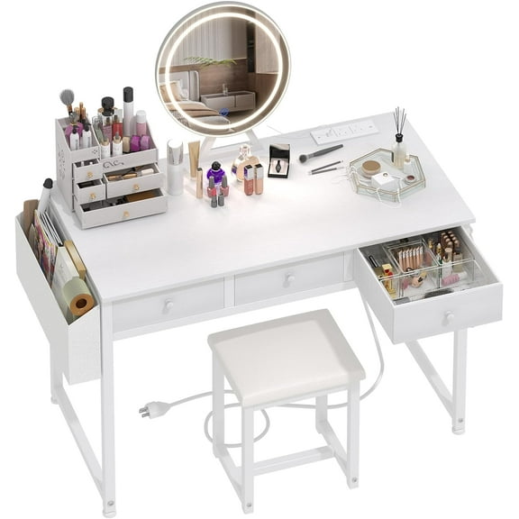 Lufeiya White Makeup Vanity Desk with Mirror and Lights, 40 inch Make Up Vanity Desks with Fabric Drawers & Power Outlet, Dressing Table and Chair Set for Girls Bedroom, White