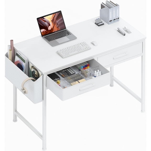 JEZWX 32" White Desk with Fabric Drawers for Small Spaces
