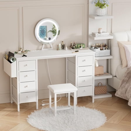 JEZWX White Vanity Desk with Mirror and Lights, Makeup Vanity Set Table with Chair, 8 Large Fabric Drawers, Power Outlet and Storage for Girls Bedroom
