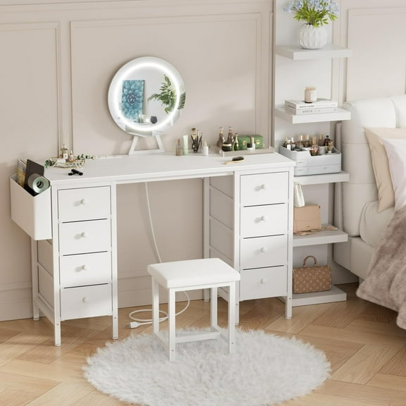 JEZWX White Vanity Desk with Mirror and Lights, Makeup Vanity Set Table with Chair, 8 Large Fabric Drawers, Power Outlet and Storage for Girls Bedroom
