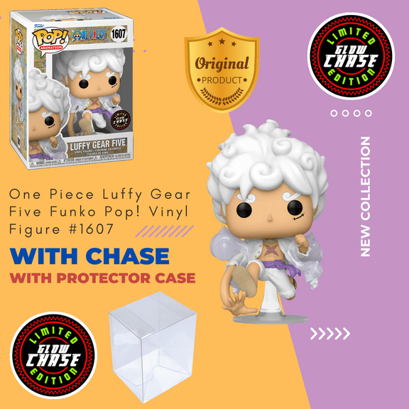 Luffy Gear Five Funko Pop! Vinyl Figure #1607 - Rare Glow Chase Edition with Protector Case