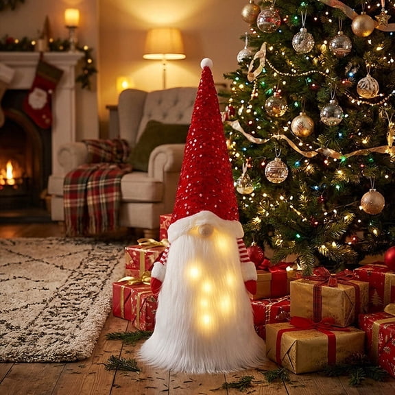 Luffy Red Glitter Hat Ornament, Light Up Forest Doll, Faceless Old Man Statue for Christmas, Glowing Winter Spirit Figurine, Whimsical Holiday Decor​