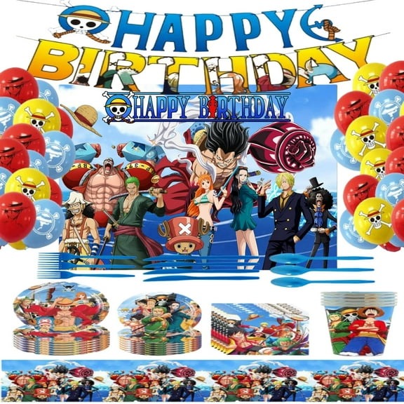 Luffy Theme Party Decorations Tableware Set , 125PCS Anime Birthday Plates and Cups Napkins Tablecloth Birthday Decorations Tableware
