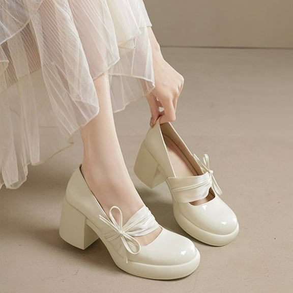 Lufly Chunky Heel Patent Leather Casual Single Shoes Fashionable And Elegant Women's Lace Flowers Bow High Heels Round Toe Patent Leather High Heels