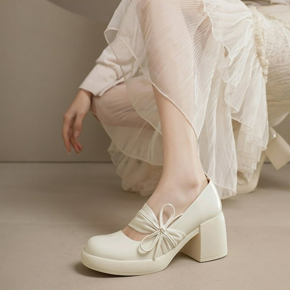 Lufly Chunky Heel Patent Leather Casual Single Shoes Fashionable And Elegant Women's Lace Flowers Bow High Heels Round Toe Patent Leather High Heels