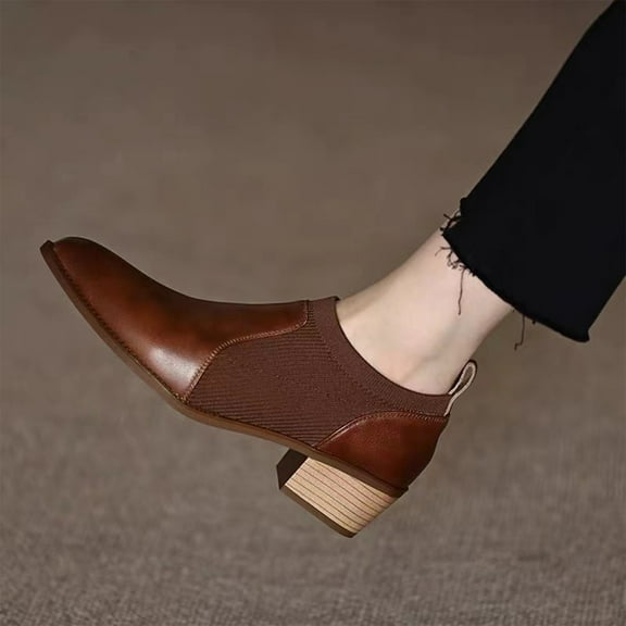 Lufly Chunky Heel Single Shoes Women Work Pointed Splicing Middle Heel Retro Ladies Shoes Deep Mouth Ankle Stirrups Women's Shoes Sloping Heel