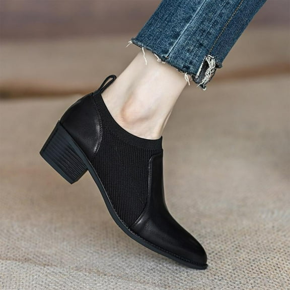 Lufly Chunky Heel Single Shoes Women Work Pointed Splicing Middle Heel Retro Ladies Shoes Deep Mouth Ankle Stirrups Women's Shoes Sloping Heel