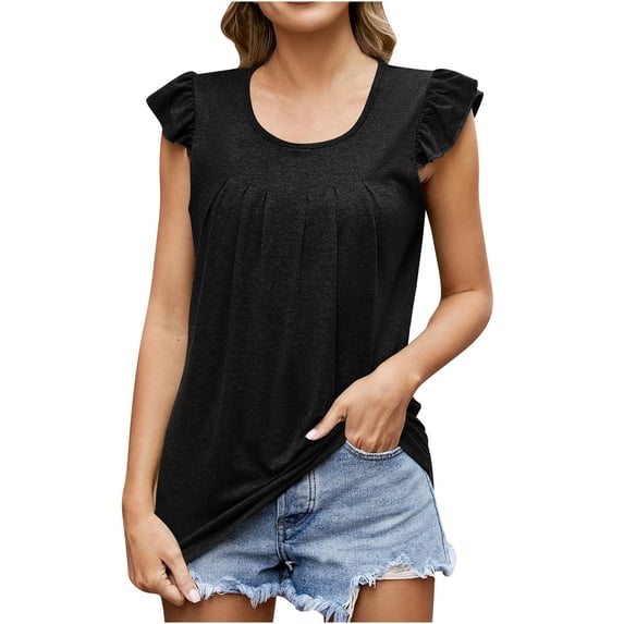 Lufly Going Out Blouses for Women Fashion Solid Color Round Neck Comfortable Loose T-shirt Sleeveless Tops,Black,S