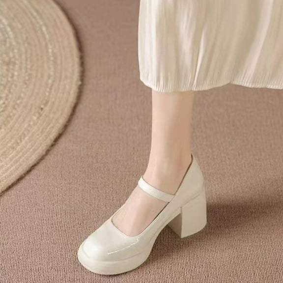 Lufly New Mary Shoes Women Fashion High Heel Thick Bottom Buckle Bead Round Head Retro Single Shoes Mid-heeled Shoe