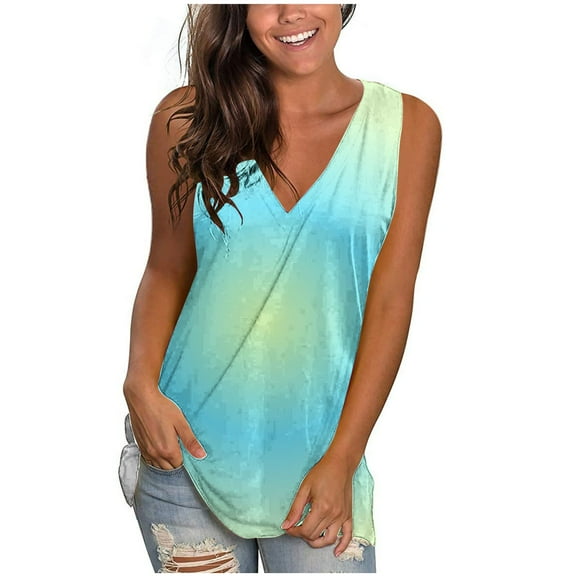 Lufly Plus Size Tank Tops for Women Summer Sleeveless T Shirts V Neck Casual Gradient Loose Top Vest,Green,S
