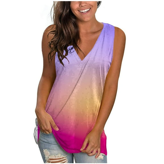 Lufly Plus Size Tank Tops for Women Summer Sleeveless T Shirts V Neck Casual Gradient Loose Top Vest,Purple,S