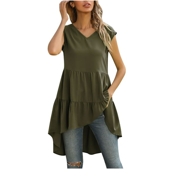 Lufly Pluz Size Tops for Women Fashion Solid Color Comfortable Loose T-shirt Sleeveless V-neck Blouse,Army Green,S