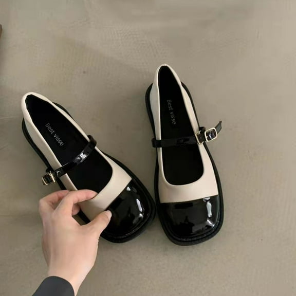Lufly Round Head British Style Small Leather Shoes Hundreds Of Thick Bottom Heightening French Elegant Color Collision Ladies Single Shoes Water Proof