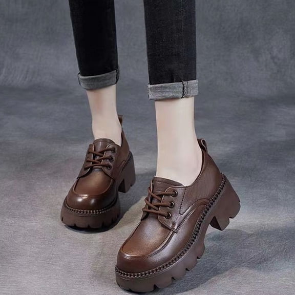 Lufly Round Head Thick Bottom Thick Heel Tie Leisure Small Leather Shoes Middle Heel Fashion Single Shoes Thick Bottom Heightening Shoes