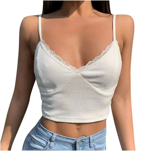 Lufly Sleeveless Tops for Women White Knitting V-neck Short Lace Tight V-neck Camisole Tops,White,M