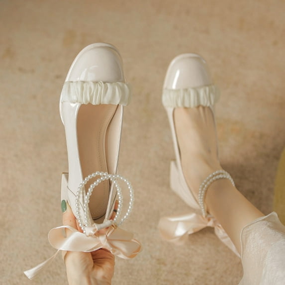 Lufly Small Fragrant Style Round-toe Pearl French Retro Mary Shoes For Women Flat Shallow Mouth Gentle Patent Leather Spring