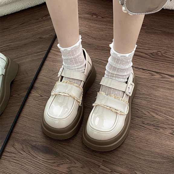 Lufly Small Fragrant Style Round-toe Pearl French Retro Mary Shoes For Women Flat Shallow Mouth Gentle Patent Leather Spring