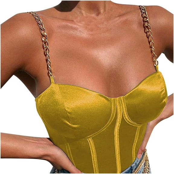 Lufly Tank Top for Women Tops Fashion Female Slim Metal Chain Satin Camisole Vest ,Yellow,L