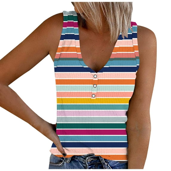 Lufly Tank Tops for Women Causal Button V-Neck Stripe Printing Blouse Sleeveless Elegant T-Shirt,Pink,M
